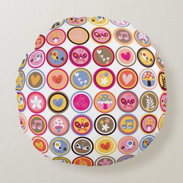cute flowers, birds, hearts pattern round cushion (Front)