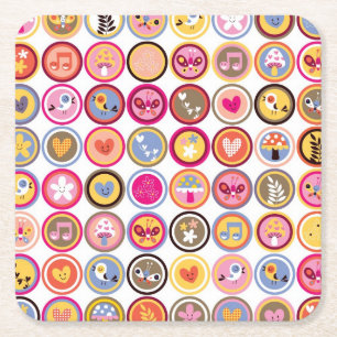 cute flowers, birds, hearts pattern square paper coaster