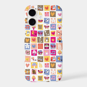cute flowers, birds, hearts squares pattern