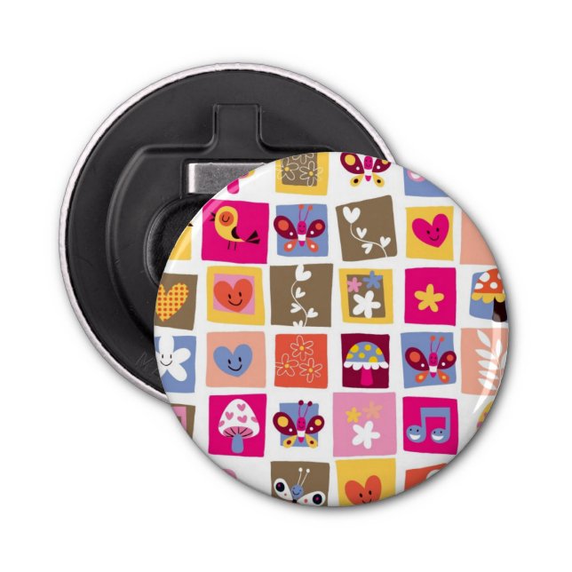 cute flowers, birds, hearts squares pattern bottle opener (Front)