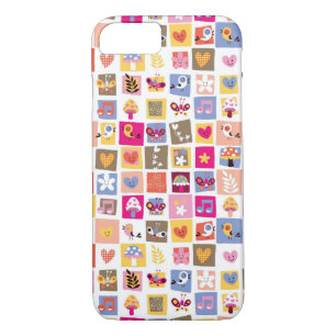 cute flowers, birds, hearts squares pattern Case-Mate iPhone case