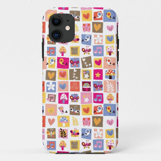 cute flowers, birds, hearts squares pattern Case-Mate iPhone case (Back)