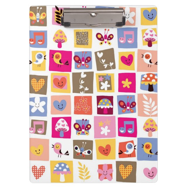 cute flowers, birds, hearts squares pattern clipboard (Front)