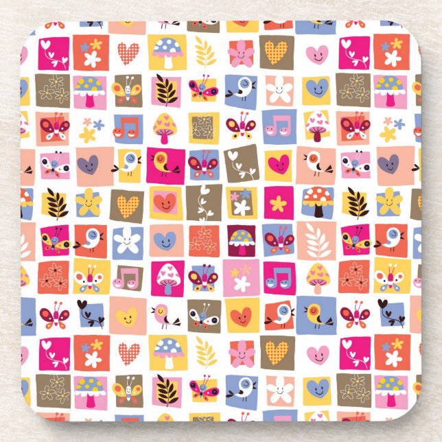 cute flowers, birds, hearts squares pattern coaster (Front)