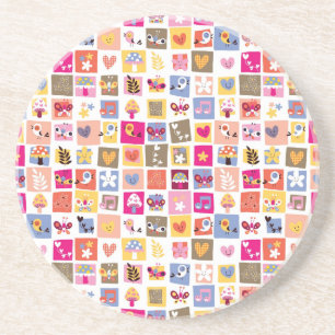 cute flowers, birds, hearts squares pattern coaster