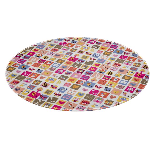 cute flowers, birds, hearts squares pattern cutting board (Corner)