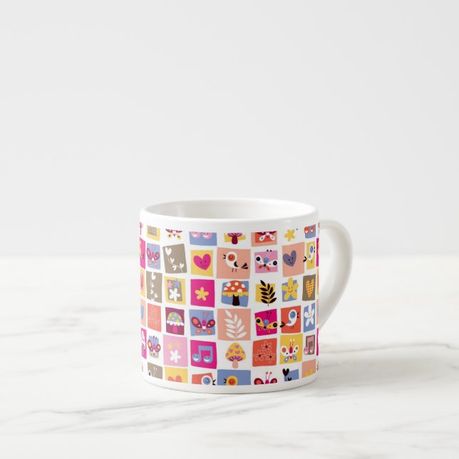 cute flowers, birds, hearts squares pattern espresso cup (Front Right)