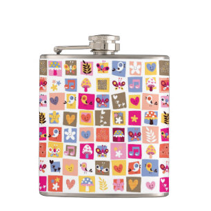 cute flowers, birds, hearts squares pattern hip flask
