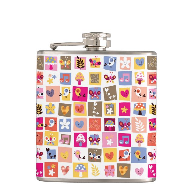 cute flowers, birds, hearts squares pattern hip flask (Front)