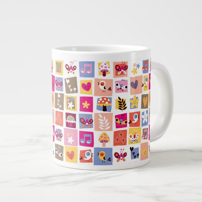 cute flowers, birds, hearts squares pattern large coffee mug (Front Right)