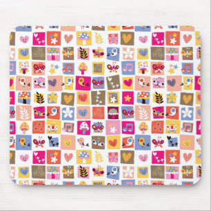 cute flowers, birds, hearts squares pattern mouse pad