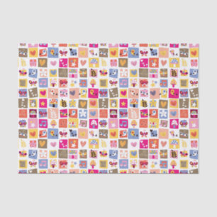 cute flowers, birds, hearts squares pattern tissue paper