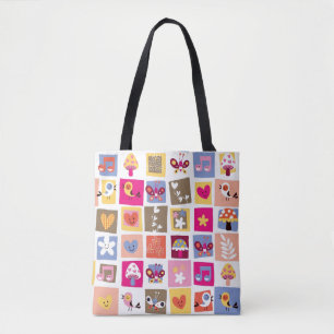 cute flowers, birds, hearts squares pattern tote bag