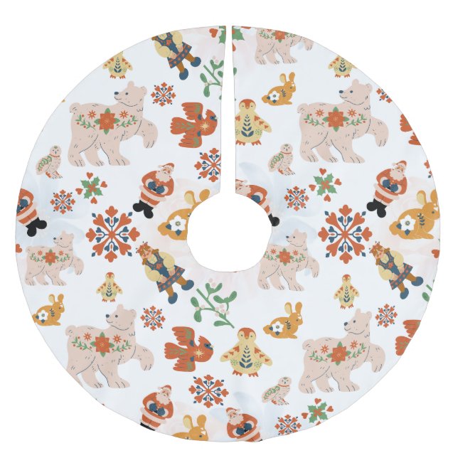 Cute Flowers Christmas Pattern with Santa Brushed Polyester Tree Skirt (Front)