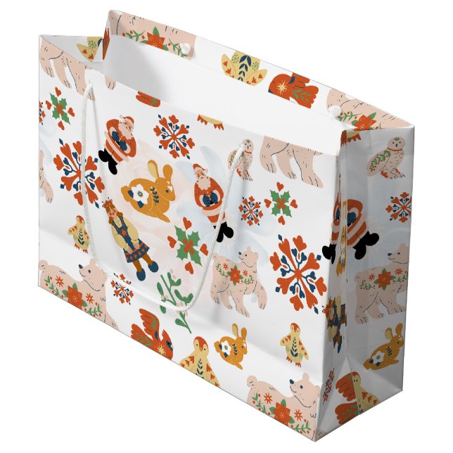 Cute Flowers Christmas Pattern with Santa Large Gift Bag (Front Angled)