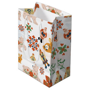 Cute Flowers Christmas Pattern with Santa Medium Gift Bag