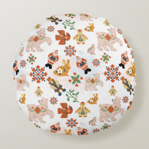 Cute Flowers Christmas Pattern with Santa Round Cushion