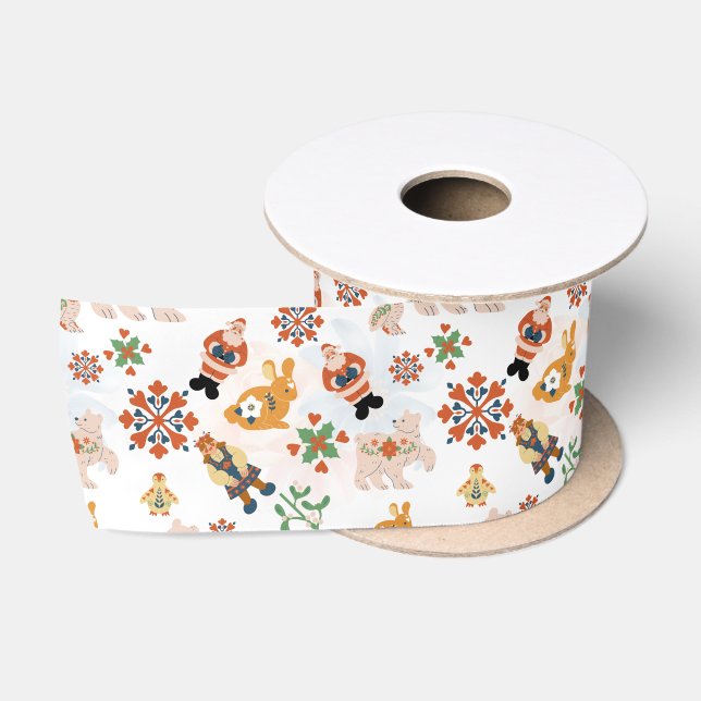 Cute Flowers Christmas Pattern with Santa Satin Ribbon (Spool)
