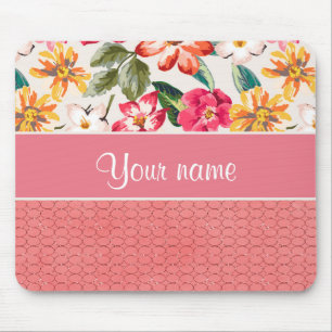 Cute Flowers Faux Pink Glitter Circles Mouse Pad