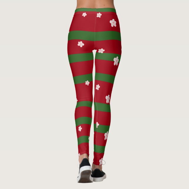 Cute Flowers Floral on Solid Green Red Christmas B Leggings (Back)