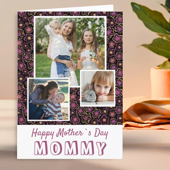 Cute Flowers Happy Mother`s Day 3 Photo  Card (Creator Uploaded)