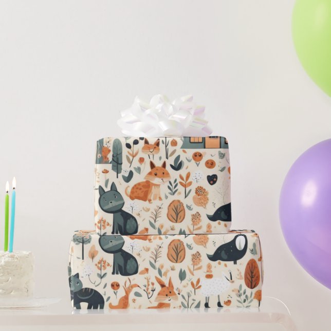 Cute flowers houses animals   Wrapping Paper (Party Gifts)