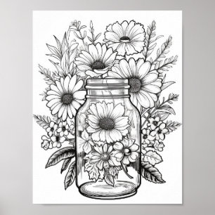 Cute Flowers In Jar Colouring Poster