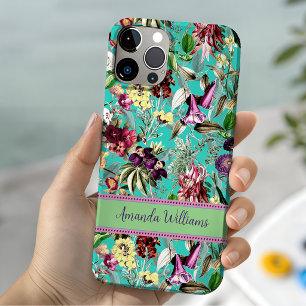 Cute flowers leaves aqua mint monogram pattern Case-Mate iPhone case