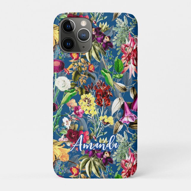 Cute flowers leaves blue monogram pattern Case-Mate iPhone case (Back)