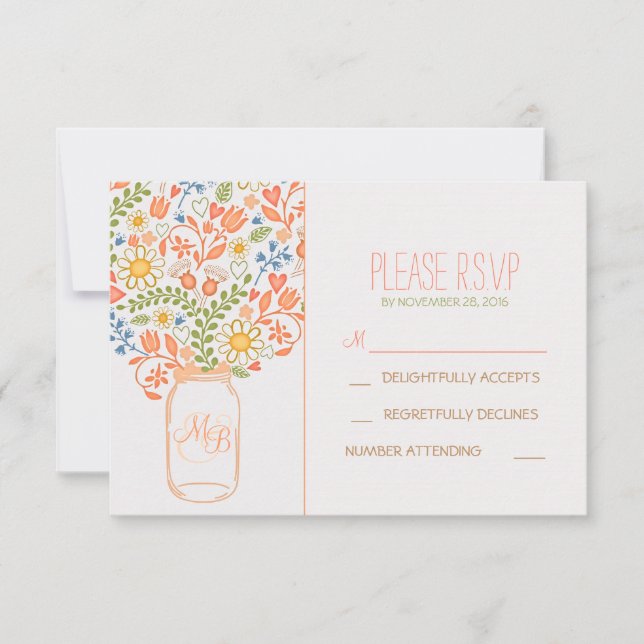 cute flowers mason jar wedding RSVP cards (Front)