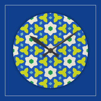 Cute Flowers on Blue and Green Geometric Floral Round Clock