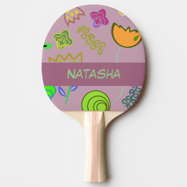 Cute flowers on purple ping pong paddle (Front)