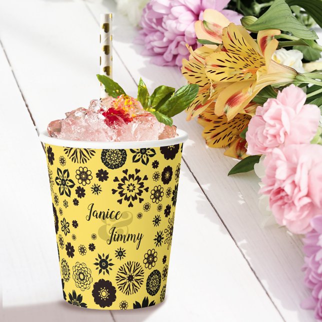 Cute Flowers Personalised Names Black & Yellow Paper Cups (Creator Uploaded)