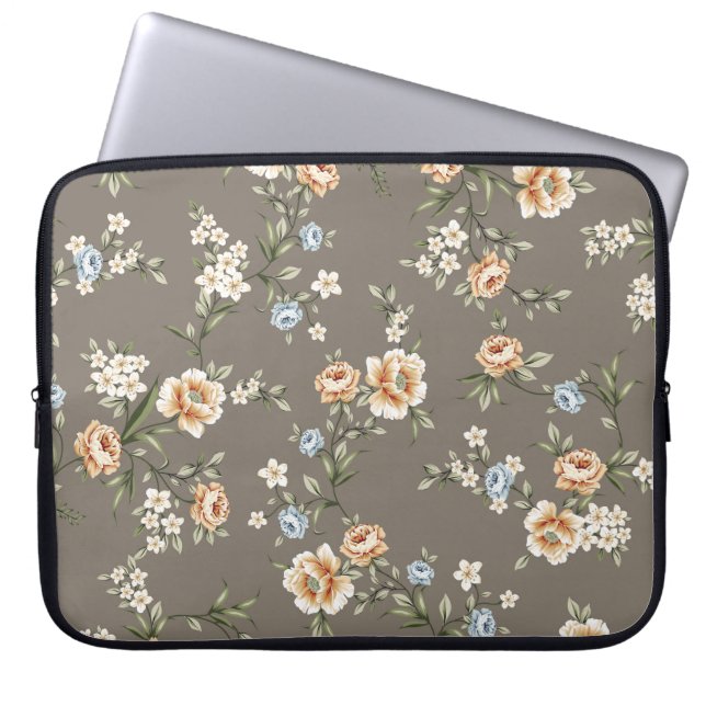 cute flowers with leaves pattern on grey backgroun laptop sleeve (Front)