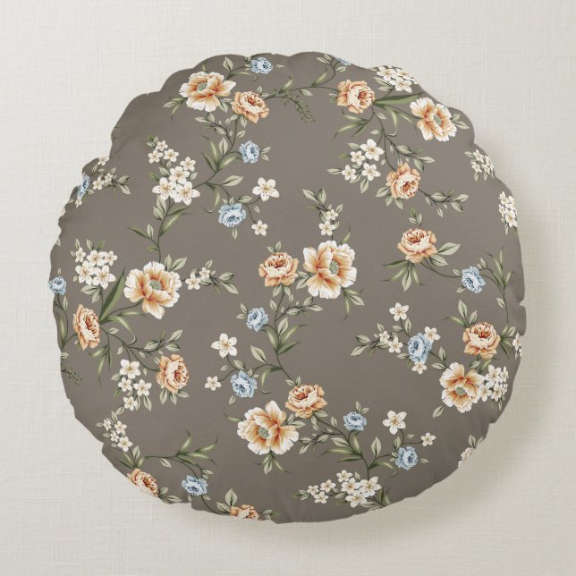 cute flowers with leaves pattern on grey backgroun round cushion (Front)