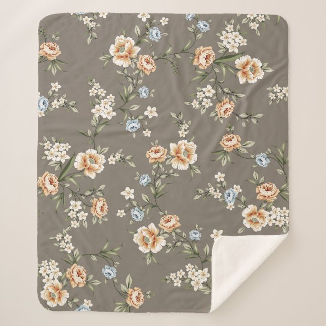 cute flowers with leaves pattern on grey backgroun sherpa blanket (Front)