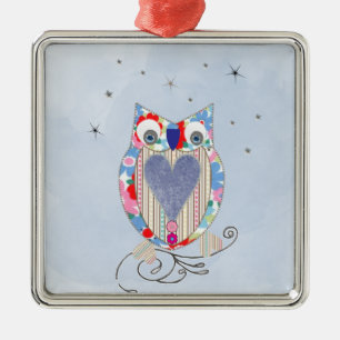 Cute Flowery Blue Pink Whimsical  Owl Picture Metal Tree Decoration