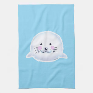 Cute Fluffy Baby Seal Illustration Tea Towel