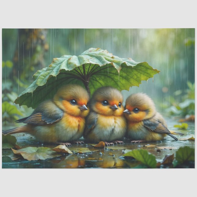 Cute fluffy birds hiding under leaf in rain tissue paper (Front)