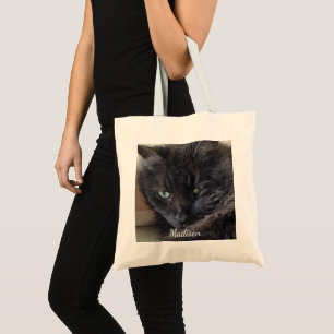 Cute Fluffy Black Cat Photo Personalised Tote Bag