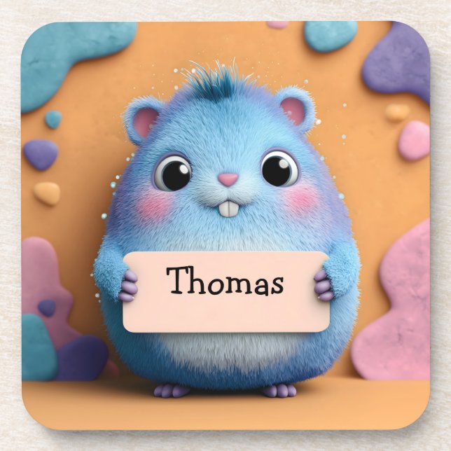 Cute Fluffy Blue Hamster Holding a Sign with Name Coaster (Front)