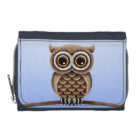 Cute Fluffy Brown Owl on a Branch, Light Blue