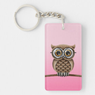 Cute Fluffy Brown Owl with Reading Glasses, Pink Key Ring