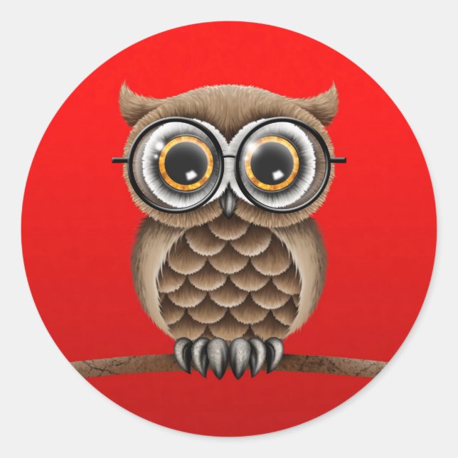 Cute Fluffy Brown Owl with Reading Glasses, Red Classic Round Sticker (Front)