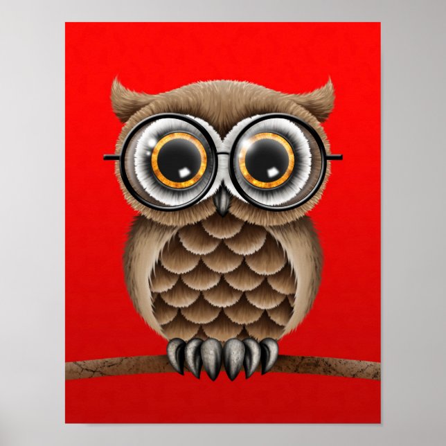 Cute Fluffy Brown Owl with Reading Glasses, Red Poster (Front)