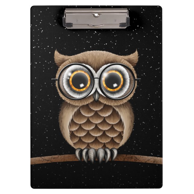 Cute Fluffy Brown Owl with Reading Glasses & Stars Clipboard (Front)