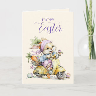 Cute Fluffy Bunny in a Scooter Happy Easter Card