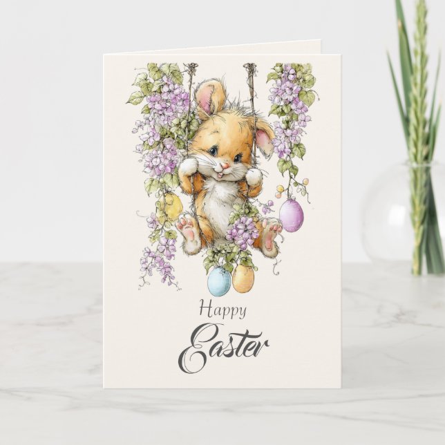 Cute Fluffy Bunny Watercolor Easter Card Pink Ears (Front)