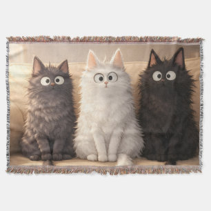 Cute Fluffy Cartoon Cats Grey White & Black  Throw Blanket