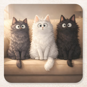 Cute Fluffy Cartoon Cats Whimsical Drink Square Paper Coaster